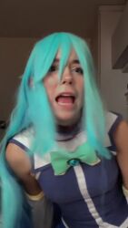 Rule 34 | 1girl, animated, aqua (konosuba), aqua (konosuba) (cosplay), ass, audible speech, bare shoulders, blue hair, boots, brazilian (nationality), cosplay, female focus, high heel boots, high heels, indoors, interior, kono subarashii sekai ni shukufuku wo!, long hair, looking at another, looking at viewer, lowres, nerokosplayer, no panties, photo (medium), real life, skirt, solo, sound, tagme, teeth, thighhighs, video, white thighhighs