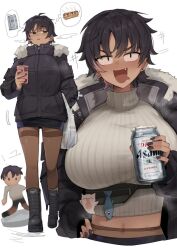 Rule 34 | 1girl, asahi breweries, bag, black boots, black hair, black jacket, black nails, black skirt, bon (vtuber), boots, breasts, dark-skinned female, dark skin, drooling, fang, fanny pack, fish skeleton earrings, food, fur-trimmed jacket, fur trim, gurenola, hand on own hip, holding, holding phone, indie virtual youtuber, jacket, large breasts, motion lines, mouth drool, open clothes, open jacket, open mouth, pantyhose, pencil skirt, phone, pink hair, plastic bag, ribbed sweater, short hair, skirt, speech bubble, sweater, thighband pantyhose, thought bubble, virtual youtuber, white sweater