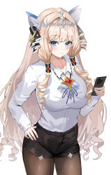 1girl absurdres black_shorts blonde_hair blue_eyes brown_pantyhose crown_(nikke) drill_hair goddess_of_victory:_nikke highres holding holding_phone iroana long_hair pantyhose phone shorts simple_background solo white_background