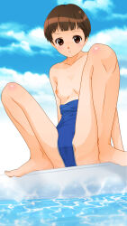 1girl arm_support barefoot blue_one-piece_swimsuit blue_school_swimsuit blush breasts breasts_out brown_eyes brown_hair cloud collarbone dedenden_(pixiv30568724) looking_at_viewer nipples off-shoulder_one-piece_swimsuit off_shoulder one-piece_swimsuit one-piece_tan original pool school_swimsuit short_hair sitting sky small_breasts spread_legs swimsuit tan tanline water