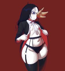1girl black_hair blush breasts colored_skin coral coral_glasses ena:_dream_bbq glasses highres huchik shirt small_breasts sweat thick_thighs thighhighs thighs underwear white_skin