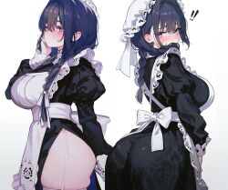 ! !! 1girl apron ass black_dress blue_eyes blue_hair blush braid breasts commentary dress ear_blush embroidery english_commentary frilled_apron frilled_hat frills garter_straps hair_intakes hair_over_shoulder hand_up hat hololive hololive_english juliet_sleeves koahri large_breasts long_dress long_hair long_sleeves looking_at_viewer looking_back low_twin_braids maid maid_apron mob_cap official_alternate_costume official_alternate_hairstyle ouro_kronii ouro_kronii_(maid) pantylines puffy_sleeves puritan_collar side_slit simple_background solo thick_thighs thighhighs thighs twin_braids victorian_maid virtual_youtuber white_apron white_background white_hat white_straps white_thighhighs