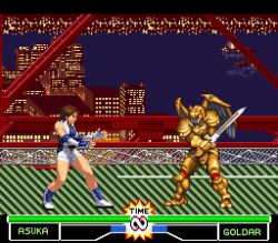 Rule 34 | 16-bit, 16bit, 1990s (style), 1boy, 1girl, alien, bandai, blonde hair, brown eyes, brown hair, city, colored skin, crossover, fan-made, fan made, fighting game, game console, gold skin, grifforzer, health bar, kazama asuka, health bar, lowres, mighty morphin power rangers, mighty morphin power rangers the fighting edition, namco, power rangers, red eyes, retro artstyle, saban entertainment, snes, super nintendo, tekken, timer