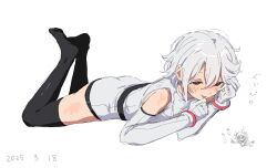 1girl ass bare_shoulders belt blush dated elbow_gloves gloves highres leotard lying multiple_views no_shoes on_stomach red_eyes short_hair shy_(character) shy_(series) simple_background takatisakana thighhighs tongue tongue_out white_background white_gloves white_leotard
