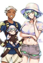 1boy 1girl baby baby_carrier blue_shirt bob_cut breasts closed_eyes couple crop_top dark-skinned_male dark_skin family fire_emblem fire_emblem_heroes green_hair grin hands_on_own_hips hat heidr_(fire_emblem) highres if_they_mated kiran_(fire_emblem) male_kiran_(fire_emblem) large_breasts navel nintendo rotomdocs seidr_(fire_emblem) shirt short_shorts shorts smile white_hair white_shirt