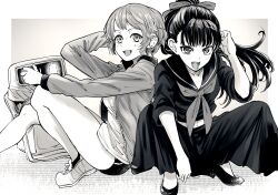Rule 34 | 2girls, arm up, bj (juusan kihei bouei ken), bonkara (sokuseki maou), buruma, delinquent, greyscale, gym shirt, gym uniform, hair ornament, hairclip, highres, jacket, juusan kihei bouei ken, long hair, long skirt, long sleeves, midriff peek, minami natsuno, monochrome, multiple girls, neckerchief, non-humanoid robot, on ground, open mouth, ponytail, ribbon, robot, sailor collar, school uniform, serafuku, shirt, shoes, simple background, skirt, sneakers, squatting, sukeban, takamiya yuki, track jacket, track uniform