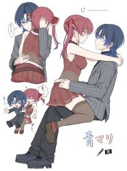 2girls arms_around_neck bare_arms black_pants black_thighhighs blue_eyes blue_hair breasts colored_inner_hair commentary_request eye_contact grey_jacket highres hiodoshi_ao hololive hololive_dev_is houshou_marine jacket looking_at_another mochi_jiro mole mole_under_mouth multicolored_hair multiple_girls open_mouth pants red_hair red_shirt red_skirt shirt simple_background sitting sitting_on_lap sitting_on_person skirt smile speech_bubble striped_clothes striped_jacket thighhighs thought_bubble translation_request twintails virtual_youtuber white_background wolf_cut yuri