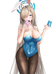 1girl absurdly_long_hair animal_ears asuna_(blue_archive) asuna_(bunny)_(blue_archive) blonde_hair blue_archive blue_eyes blue_leotard breasts brown_pantyhose card cellphone cleavage fake_animal_ears grin halo highres holding holding_card holding_phone large_breasts leotard long_hair mole mole_on_breast official_alternate_costume pantyhose phone playboy_bunny rabbit_ears raurashun selfie simple_background smartphone smile solo straight_hair thigh_gap thighband_pantyhose very_long_hair white_background