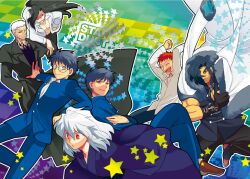 Rule 34 | 6+boys, akariya kuubu, black coat, black hair, blue kimono, coat, dark persona, dual persona, everyone, expressionless, floating clothes, floating hair, glasses, group picture, hair over one eye, hands in pockets, inui arihiko, japanese clothes, kimono, kishima kouma, long coat, long hair, looking at viewer, male focus, melty blood, michael roa valdamjong, multiple boys, nanaya shiki, nrvnqsr chaos, orange hair, red eyes, school uniform, shirt, short hair, sleeveless, sleeveless shirt, tohno shiki, tohno shiki (2), tsukihime, vampire, white coat, white hair