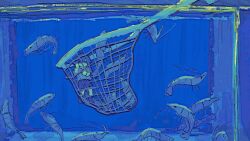 1other animal blue_theme cyberseaurchin fish_tank highres mini_person net original shirt shoes short_hair shorts shrimp submerged t-shirt