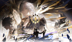 3boys antenna_hair armor asymmetrical_wings black_choker black_cloak black_shirt blue_cape blue_eyes cape chinese_commentary choker cloak coat commentary_request dark_persona flame_reaver_of_the_deepest_dark floating_cape halo halo_behind_head highres holding holding_sword holding_weapon honkai:_star_rail honkai_(series) hood hood_up hooded_cloak lieshang773 male_focus multiple_boys multiple_persona neck_tattoo parted_bangs pauldrons phainon_(honkai:_star_rail) shirt short_hair shoulder_armor single_pauldron sword tattoo weapon white_coat white_hair wings