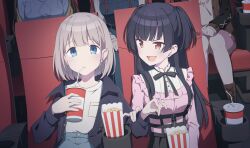 2girls :d black_hair black_ribbon black_skirt blue_eyes blunt_bangs blunt_ends blush brown_eyes chair commentary_request cup denim denim_jacket disposable_cup drinking drinking_straw drinking_straw_in_mouth earrings food hair_behind_ear hand_on_another&#039;s_arm hand_up high-waist_skirt highres holding holding_cup holding_food idolmaster idolmaster_shiny_colors jacket jewelry jirai_kei light_brown_hair long_hair long_sleeves looking_at_another looking_at_viewer mayuzumi_fuyuko movie_theater multiple_girls neck_ribbon on_chair open_clothes open_jacket open_mouth pink_shirt plaid_clothes plaid_skirt popcorn quarterlift ribbon serizawa_asahi shirt short_hair sidelocks sitting skirt smile smug straight_hair tsurime two_side_up upper_body v-shaped_eyebrows white_shirt