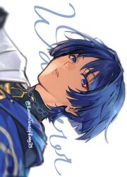 1boy black_bodysuit blue_cape blunt_ends blurry bodysuit cape character_name depth_of_field eyeliner eyeshadow genshin_impact gold_trim hair_intakes highres japanese_clothes kimono looking_at_viewer makeup male_focus mandarin_collar open_mouth portrait purple_eyes purple_hair ravtuneofrang39 red_eyeliner red_eyeshadow scaramouche_(genshin_impact) sideways solo tsurime twitter_username wanderer_(genshin_impact) white_background white_kimono white_sleeves wispy_bangs