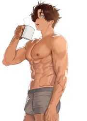 1boy brown_hair coffee_mug commander_(nikke) cup goddess_of_victory:_nikke hair_between_eyes highres hintobento male_focus mug muscular muscular_male pectorals scar simple_background solo underwear
