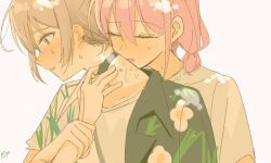 2girls black_choker black_shirt blush chinese_commentary choker commentary_request earclip girls_band_cry grey_eyes grey_hair haidao_mao hickey highres holding_another&#039;s_wrist iseri_nina kawaragi_momoka kiss kissing_neck long_hair multiple_girls red_hair saliva shirt short_twintails simple_background sweat twintails two-tone_shirt white_background white_shirt yuri