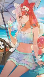 1girl aqua_bikini aqua_bow balloon bare_arms bare_legs bare_shoulders beach beach_towel beach_umbrella bikini bikini_skirt blue_sky blush bow bow-shaped_hair breasts brown_hair cloud cloudy_sky collarbone cowboy_shot cup disposable_cup drink drinking_straw facing_viewer fate/grand_order fate_(series) flower food frilled_bikini frilled_wrist_cuffs frills fruit gradient_bikini hair_bow hair_flower hair_ornament hairband hand_on_ground highres holding holding_cup holding_drink izumo_no_okuni_(exhibition_attire)_(fate) izumo_no_okuni_(fate) jiajiayu long_hair looking_at_viewer medium_breasts multicolored_hair navel ocean on_ground picnic_basket sand sidelocks skirt sky solo split-color_hair swimsuit towel twintails two-tone_hair umbrella white_bow white_flower white_hair wrist_cuffs yellow_eyes