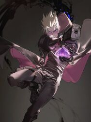 1boy absurdres black_coat black_pants blonde_hair boots citronplanet coat gun handgun highres male_focus mechanical_arms pants prosthesis prosthetic_arm purple-tinted_eyewear round_eyewear single_mechanical_arm solo spiked_hair tinted_eyewear trigun trigun_stampede vash_the_stampede weapon