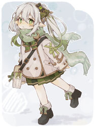1girl bag bow child coat cross-laced_clothes cross-laced_sleeves cross-shaped_pupils genshin_impact gradient_hair green_bow green_eyes green_hair green_scarf green_skirt hair_between_eyes highres komerina long_hair multicolored_hair nahida_(genshin_impact) pleated_skirt pointy_ears satchel scarf shoulder_bag side_ponytail skirt solo standing standing_on_one_leg symbol-shaped_pupils white_coat white_hair