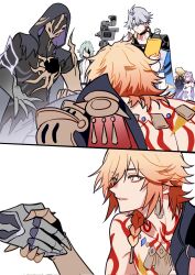 2girls 4boys aglaea_(honkai:_star_rail) anaxa_(honkai:_star_rail) antenna_hair aqua_hair arm_tattoo armor back_tattoo black_choker black_cloak black_coat black_shirt blonde_hair blue_cape blue_eyes braid camera cape castorice_(honkai:_star_rail) chest_tattoo chinese_commentary choker cloak coat commentary_request dress earrings eyepatch facial_tattoo flame_reaver_of_the_deepest_dark gold_earrings gold_necklace gradient_hair hair_between_eyes highres honkai:_star_rail honkai_(series) hood hood_up hooded_cloak jewelry looking_at_another male_focus mask medium_hair multicolored_hair multiple_boys multiple_girls mydei_(honkai:_star_rail) necklace open_clothes open_coat pauldrons phainon_(honkai:_star_rail) purple_hair red_hair red_tattoo shirt short_hair shoulder_armor side_braid simple_background single_pauldron tattoo white_background white_coat white_dress white_hair yellow_eyes yuelinpanp98413
