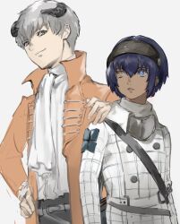 Rule 34 | 2boys, ascot, belt, black belt, black pants, blue hair, buttons, chest belt, closed mouth, coat, collared coat, collared shirt, commentary request, dark-skinned male, dark blue hair, dark skin, eye contact, frilled sleeves, frills, grey eyes, grey hair, hair between eyes, hairband, hand on another&#039;s shoulder, hand on own hip, heterochromia, highres, horns, long sleeves, looking at another, male focus, metal hairband, metaphor: refantazio, multiple belts, multiple boys, pants, parted lips, patterned clothing, popped collar, protagonist (metaphor: refantazio), samerkgk, shirt, short hair, simple background, smile, strohl (metaphor: refantazio), white ascot, white background, white belt, white shirt, wing collar, yellow coat