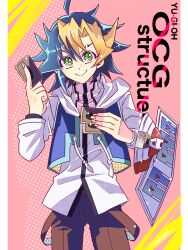 1boy ahoge blue_hair blue_vest border brown_pants card colored_bangs drawstring duel_disk english_text facing_viewer green_eyes hand_up highres holding holding_card hood hooded_vest hoodie leaning_to_the_side looking_at_viewer looking_to_the_side male_focus open_clothes open_vest pants parted_bangs pink_background shirt smile sparkle spiked_hair suspenders suspenders_hanging swept_bangs untucked_shirt user_rpmr2834 vest white_border white_hood white_shirt yu-gi-oh! yu-gi-oh!_ocg_structures yusa_shoma