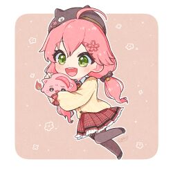 1girl :d ahoge amari_(ama_shiiiiiiba) animal_hat beret black_hat black_pantyhose black_shoes cable_knit cardigan cat_hair_ornament cat_hat chibi chibi_only collared_shirt commentary_request creature double-parted_bangs flower_hairclip full_body green_eyes hair_ornament hairclip hat holding holding_creature hololive long_hair long_sleeves looking_at_creature low_twintails miniskirt official_alternate_costume official_alternate_hairstyle open_mouth pantyhose pink_hair plaid_clothes plaid_skirt pleated_skirt red_skirt sakura_miko sakura_miko_(casual) shirt shoes skirt smile solo twintails virtual_youtuber white_shirt yellow_cardigan