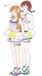 2girls bikini braid breasts cleavage closed_eyes commentary dress_swimsuit emma_verde flower freckles frilled_bikini frilled_one-piece_swimsuit frilled_thigh_strap frills front-to-back full_body hair_flower hair_ornament highres holding holding_swim_ring innertube konoe_kanata large_breasts long_hair love_live! love_live!_nijigasaki_high_school_idol_club monowe multiple_girls one-piece_swimsuit open_mouth orange_hair red_hair sandals simple_background smile standing swim_ring swimsuit symbol-only_commentary thigh_strap twin_braids twintails wavy_hair white_background yuri