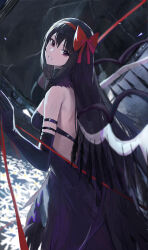 1girl absurdres akemi_homura akuma_homura armpit_crease backless_dress backless_outfit black_dress black_feathers black_gloves black_hair black_wings bow bow_hairband breasts dress elbow_gloves feathers from_side gloves hair_bow hairband highres jianjia long_hair looking_at_viewer mahou_shoujo_madoka_magica mahou_shoujo_madoka_magica:_hangyaku_no_monogatari mahou_shoujo_madoka_magica_(anime) medium_breasts parted_lips purple_eyes red_bow red_ribbon ribbon very_long_hair wings