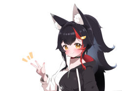 1girl absurdres animal_ear_fluff animal_ears black_choker black_hoodie blush choker closed_mouth collarbone flipped_hair hair_ornament hairclip highres hololive hood hood_down hoodie kani_bonara long_hair long_sleeves looking_at_viewer multicolored_hair official_alternate_costume ookami_mio ookami_mio_(casual) paw_print paw_print_pattern ponytail red_hair smile solo spiked_hair streaked_hair two-tone_hoodie very_long_hair virtual_youtuber w white_hoodie wolf_ears yellow_eyes