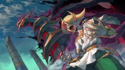 1boy absurdres cowboy_shot game_freak gen_4_pokemon giratina glowing glowing_eye green_pants hair_over_one_eye highres jewelry kornart legendary_pokemon male_focus nintendo open_mouth pants pendant pokemon pokemon_(creature) pokemon_legends:_arceus red_eyes shirt volo_(pokemon) white_shirt