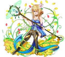 Rule 34 | 1girl, aneten, armored legwear, bare shoulders, blonde hair, blue dress, blue eyes, breasts, cleavage, dress, emil chronicle online, flower, hair flower, hair ornament, highres, holding, holding staff, jewelry, large breasts, le fay lore, off-shoulder dress, off shoulder, one eye closed, pendant, staff, thorns