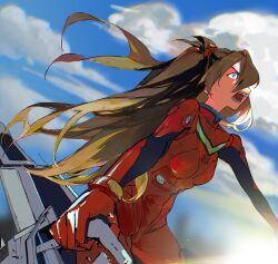 1girl blue_eyes bodysuit breasts cloud hair_between_eyes highres huimuuu interface_headset_(evangelion) long_hair mecha_pilot_suit medium_breasts neon_genesis_evangelion open_mouth orange_hair plugsuit_(evangelion) red_bodysuit sky solo souryuu_asuka_langley two_side_up