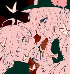 1boy 1girl aether_(genshin_impact) artist_request bad_id bad_pixiv_id black_nails bug butterfly genshin_impact hat hu_tao_(genshin_impact) insect long_hair nail_polish pink_eyes sketch upper_body yellow_eyes