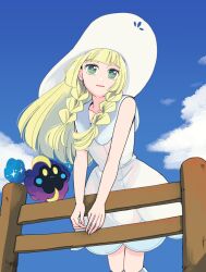 1girl atsumi_yoshioka blonde_hair braid cloud collarbone collared_dress commentary_request cosmog day dress eyelashes fence gen_7_pokemon green_eyes hat leaning_forward legendary_pokemon lillie_(pokemon) long_hair looking_to_the_side nintendo outdoors pokemon pokemon_(creature) pokemon_sm sky sun_hat twin_braids white_dress white_hat