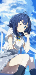 1girl ;p absurdres ahoge black_socks blue_bow blue_bowtie blue_eyes blue_hair blue_sky bow bowtie chinese_commentary closed_mouth cloud commentary_request day finger_to_mouth geez grey_skirt highres looking_at_viewer make_heroine_ga_oo_sugiru! medium_hair miniskirt one_eye_closed outdoors pleated_skirt pointing pointing_at_self pointing_at_viewer school_uniform shirt shirt_tucked_in short_sleeves sitting skirt sky socks solo tongue tongue_out white_shirt yanami_anna yellow_bow yellow_bowtie