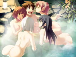 1boy 4girls all_fours arai_ruka ars_magna ass bent_over between_breasts black_hair blush breasts brown_hair game_cg girl_sandwich harem hug ichijou_anzu jpeg_artifacts koutaro long_hair minezaki_sakura mixed-sex_bathing mizusawa_noel multiple_girls nipples nude onsen open_mouth pimp pink_hair rejected_kiss sandwiched shared_bathing short_hair side_ponytail silver_hair twintails wading water