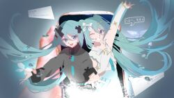 2girls aqua_eyes aqua_hair aqua_necktie arm_up batsu_miku bow cellphone detached_sleeves dress dual_persona grey_jacket hair_between_eyes hair_bow hair_ornament hatsune_miku highres hiramado_miku jacket kowareta_sekai_to_utaenai_miku kxha5537 long_hair long_sleeves looking_at_viewer multiple_girls necktie official_alternate_costume official_alternate_hairstyle one_eye_closed open_mouth parted_lips phone project_sekai reaching reaching_towards_viewer sleeveless sleeveless_dress smartphone smile teeth turtleneck turtleneck_jacket twintails very_long_hair vocaloid white_bow white_dress x_hair_ornament