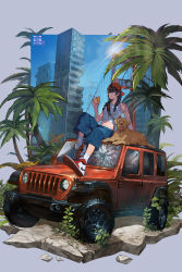 Rule 34 | 1girl, :t, absurdres, animal, ankle socks, artist name, backwards hat, bandaid, bandaid on arm, baseball cap, black hair, blue eyes, blue pants, border, braid, broken glass, building, capri pants, car, closed mouth, commentary, dated, day, denim, dog, eating, food, glass, golden gate bridge, golden retriever, grey border, hat, high tops, highres, holding, holding food, holding sandwich, jeans, jeep wrangler, low twin braids, midriff, motor vehicle, nike (company), original, outdoors, outside border, overgrown, palm tree, pants, plant, post-apocalypse, railroad crossing, red car, red hat, ruins, sandwich, shoes, sitting, skyscraper, sneakers, socks, solo, sun, symbol-only commentary, tank top, transmission tower, tree, twin braids, what (hemspect), white socks, white tank top