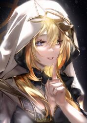 1girl blonde_hair blue_eyes breasts character_name commentary_request finger_to_mouth fingernails genshin_impact hair_between_eyes hand_up heterochromia highres index_finger_raised korusakku large_breasts long_fingernails long_hair looking_at_viewer mixed-language_commentary parted_lips partial_commentary portrait rhinedottir_(genshin_impact) smile solo star_(sky) starry_sky_background symbol-shaped_pupils twitter_username veil white_veil yellow_eyes