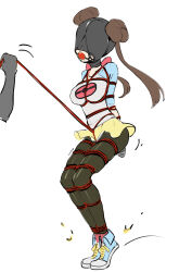 arms_behind_back ball_gag bdsm bondage bound breasts brown_hair crotch_rope crotch_rope_pull disembodied_hand donut_hair_bun eudetenis face_mask full_body gag hair_bun highres jumping leash legs_tied_together long_sleeves mask medium_breasts nintendo pantyhose pantyhose_under_shorts pokemon pokemon_bw2 rosa_(pokemon) second-party_source sensory_deprivation shoes short_shorts shorts tagme taped_hands twintails visor_cap