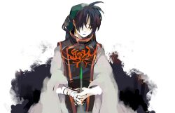 1boy bandaged_hand bandages bandana black_hair black_tunic closed_eyes flower genpai39 gensou_suikoden gensou_suikoden_i gold_trim green_bandana grey_shirt hair_over_one_eye highres holding holding_flower male_focus own_hands_together parted_bangs red_flower shirt short_hair sketch solo spider_lily tir_mcdohl tunic upper_body white_background wide_sleeves