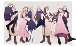 2boys 2girls ascot axis_powers_hetalia back baggy_pants belt black_belt black_boots black_gloves black_shorts blonde_hair blue_jacket blue_pants blush boots border brown_boots brown_coat brown_gloves carrying carrying_person clenched_hand closed_eyes closed_mouth coat collar commentary_request cross dated dress dual_persona fu_tooon full_body fur-trimmed_dress fur-trimmed_sleeves fur_hat fur_trim genderswap genderswap_(mtf) gloves grey_background grey_hair hair_between_eyes hairband hand_around_waist hand_on_another&#039;s_chest hand_on_another&#039;s_face hand_on_another&#039;s_shoulder hands_on_another&#039;s_face hat hetero high_heels highres holding holding_another&#039;s_wrist holding_leash hug jacket kissing_hair lapels leash long_hair long_sleeves looking_at_another looking_at_viewer military_jacket military_uniform mini_hat multiple_boys multiple_girls multiple_views one_eye_closed open_clothes open_jacket outside_border pants pink_dress pink_hairband pink_hat pink_ribbon polka_dot polka_dot_background pom_pom_(clothes) princess_carry prussia_(female)_(hetalia) prussia_(hetalia) purple_eyes red_collar ribbon russia_(female)_(hetalia) russia_(hetalia) scarf shirt short_hair shorts smile standing sweatdrop v-shaped_eyebrows white_ascot white_boots white_border white_scarf white_shirt yaoi yuri