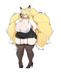 1girl 53hank animal_ear_fluff animal_ears black_bra black_skirt black_thighhighs blonde_hair bra bra_visible_through_clothes breasts cellphone cleavage commission eyeshadow fox_ears fox_girl fox_tail garter_straps glasses hand_on_own_hip high_heels holding holding_phone huge_breasts jewelry kitsune large_tail long_hair mature_female miniskirt multiple_tails necklace open_mouth original pearl_necklace phone pigeon-toed pink_nails plump red_eyeshadow shirt skirt smartphone solo standing tail talking_on_phone thick_thighs thighhighs thighs underwear vgen_commission white_background white_shirt yellow_eyes