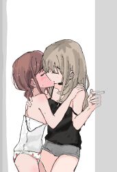 2girls absurdres black_camisole blush brown_hair camisole cigarette closed_eyes earclip food_print fruit_print full-face_blush girls_band_cry grey_panties hand_on_another&#039;s_back highres holding holding_cigarette iseri_nina kamo_gohan kawaragi_momoka multiple_girls panties print_panties short_twintails smoking strap_slip strawberry_print sweat twintails underwear white_background white_camisole white_panties yuri