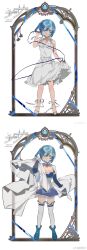1girl absurdres alternate_costume ankle_ribbon bare_arms bare_legs bare_shoulders blue_eyes blue_footwear blue_hair blue_ribbon blue_shirt blue_skirt blue_sleeves boots breasts cape cape_hold character_name chinese_commentary closed_mouth collarbone collared_cape commentary_request detached_sleeves dress expressionless eyelashes fortissimo frilled_dress frilled_shirt frilled_thighhighs frills full_body gloves grey_footwear hair_between_eyes hair_ornament happy high_heel_sandals highres holding holding_riding_crop knees leg_ribbon long_sleeves looking_at_viewer magical_girl mahou_shoujo_madoka_magica mahou_shoujo_madoka_magica_(anime) medium_dress miki_sayaka miki_sayaka_(magical_girl) miniskirt musical_note musical_note_hair_ornament ouge_dz parted_lips picture_frame pleated_skirt ribbon riding_crop sandals shirt short_hair simple_background skirt skirt_hold sleeveless sleeveless_dress small_breasts smile soul_gem spaghetti_strap standing straight-on strapless strapless_shirt sundress thighhighs toes two-tone_shirt variations watermark weibo_watermark white_background white_cape white_dress white_gloves white_ribbon white_shirt white_thighhighs wrist_ribbon