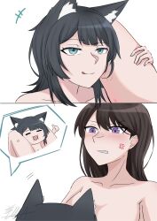2girls absurdres anger_vein animal_ears bang_dream! bang_dream!_it&#039;s_mygo!!!!! bite_mark bite_mark_on_thigh black_hair blue_eyes blush brown_hair closed_mouth hashtag-only_commentary hickey highres imminent_cunnilingus licking_lips long_hair mole mole_under_eye multiple_girls nude purple_eyes shiina_taki simple_background smile tongue tongue_out washiemma1 white_background wolf_ears yahata_umiri yuri