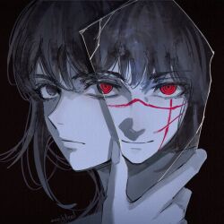 1girl axelstool black_eyes black_hair chainsaw_man closed_mouth commentary dual_persona english_commentary facial_scar glass_shard holding_glass_shard long_hair looking_at_viewer mitaka_asa red_eyes reflection ringed_eyes scar scar_on_cheek scar_on_face scar_on_nose yoru_(chainsaw_man)