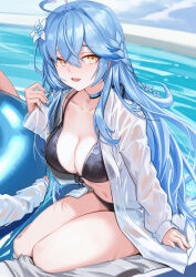 1girl absurdres ahoge anizi bikini black_bikini blue_hair breasts elf front-tie_top heart heart_ahoge highres hololive large_breasts long_hair open_clothes open_shirt parted_lips pointy_ears pool shirt smile solo_focus swimsuit virtual_youtuber wet wet_clothes wet_shirt white_shirt yellow_eyes yukihana_lamy