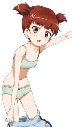1girl blush bra breasts brown_eyes brown_hair collarbone girls_und_panzer green_bra green_panties kayabakoro looking_at_viewer mikko_(girls_und_panzer) open_mouth panties short_hair simple_background small_breasts solo twintails underwear undressing white_background