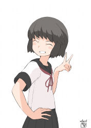 1girl absurdres artist_logo black_hair black_sailor_collar black_skirt brown_neckerchief commentary_request dated hand_on_own_hip highres kantai_collection logo looking_back miyuki_(kancolle) miyuki_kai_ni_(kancolle) neckerchief one-hour_drawing_challenge pleated_skirt sailor_collar short_hair simple_background skirt solo toplow upper_body v white_background